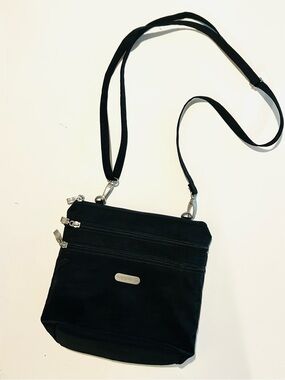 Baggallini Crossbody Bag Black Nylon Travel Purse Multi Zipper Silver Hardware